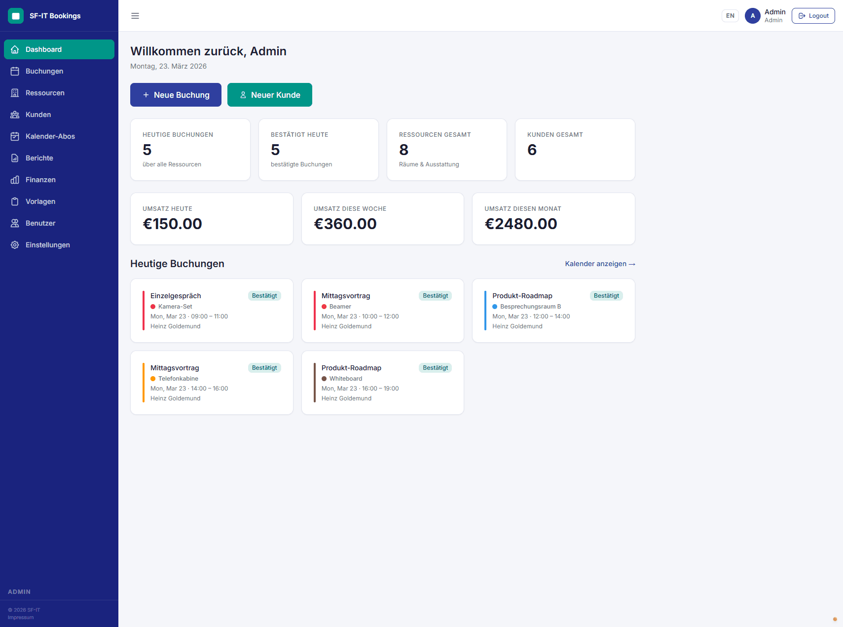 SF-IT Bookings Dashboard mit Kalenderansicht
