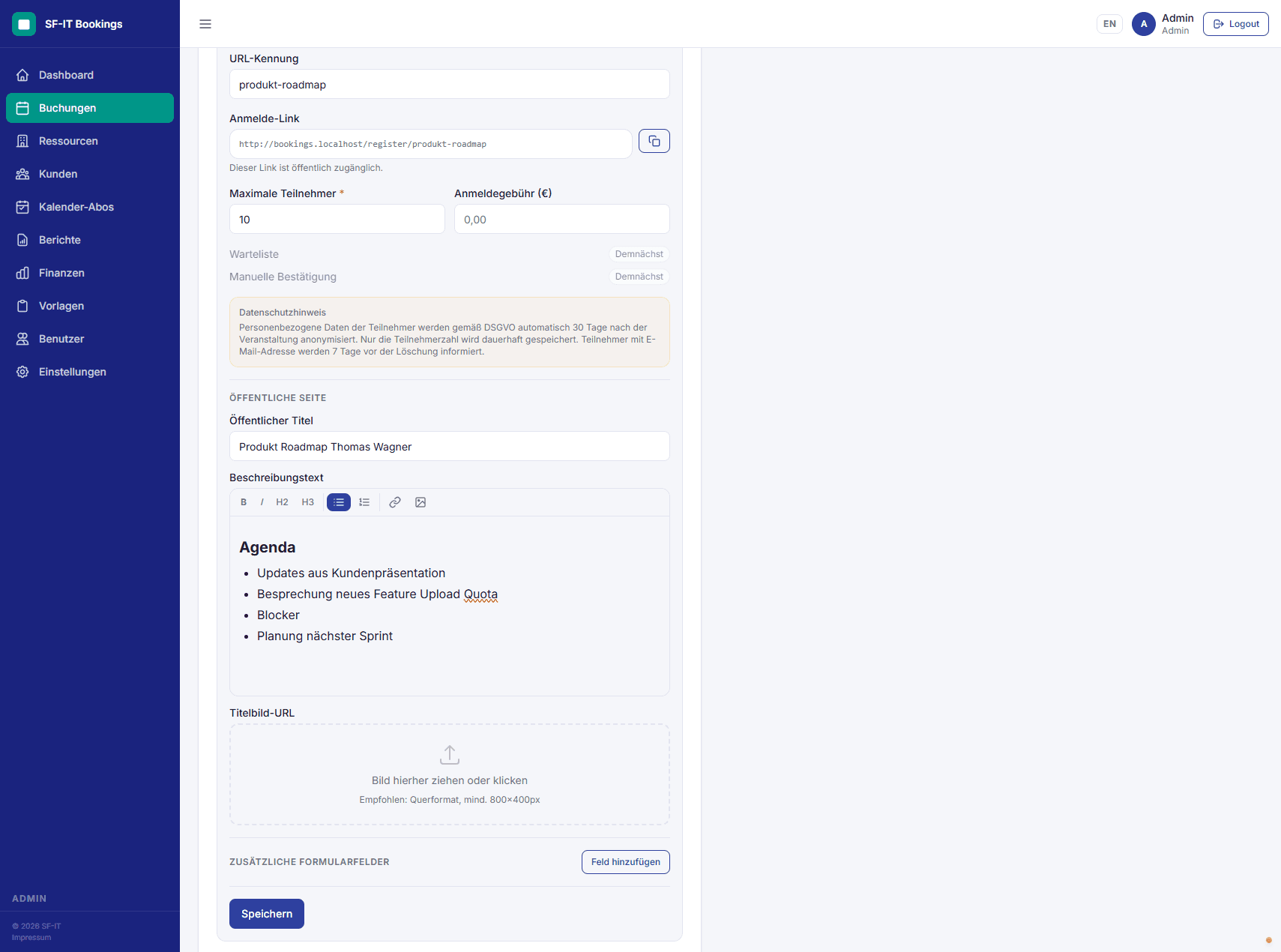 Öffentliche Registrierungsseite Editor