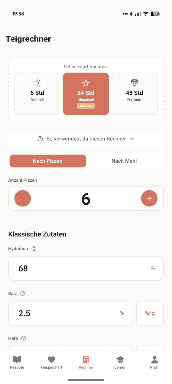 Dough Calculator screen